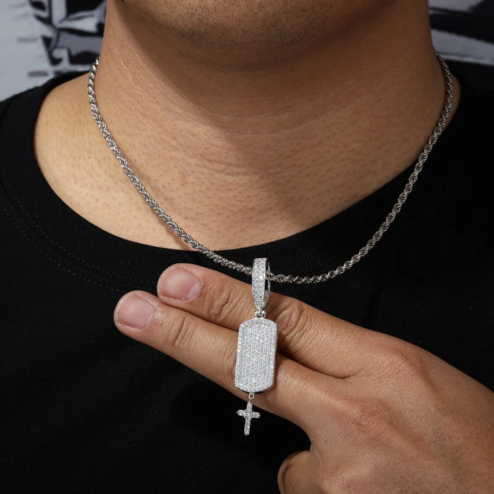 S925 Moissanite Iced Dog Tag Pendant with Dangling Cross - Different Drips