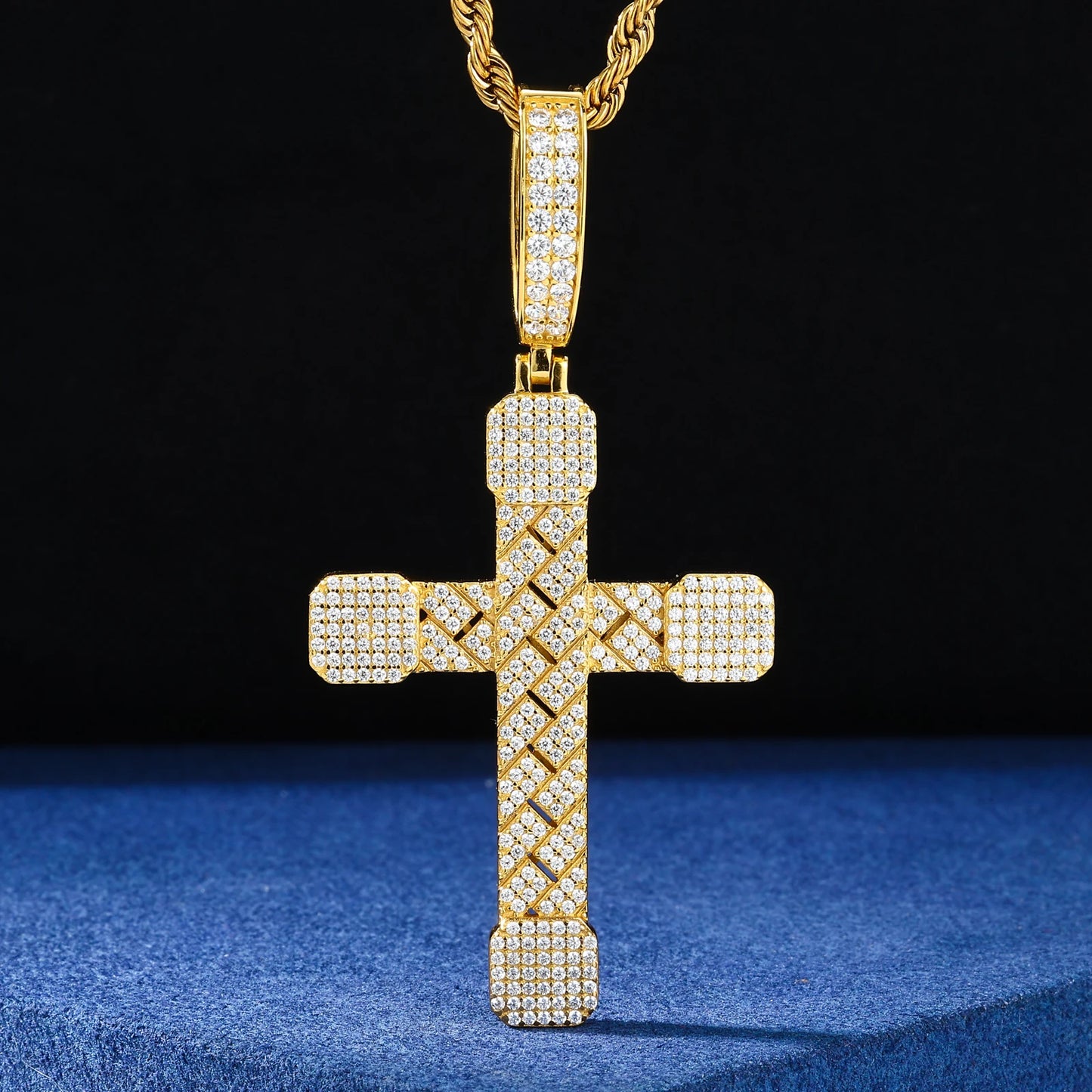 Basket-Weave Iced Moissanite Cross Pendant - Different Drips