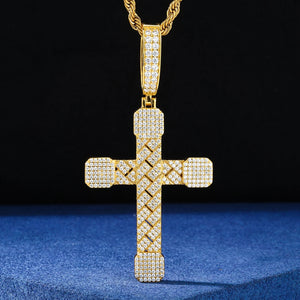 Basket-Weave Iced Moissanite Cross Pendant - Different Drips