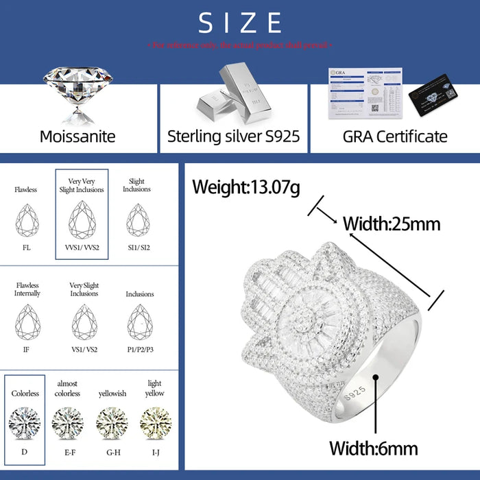 S925 Baguette Moissanite Diamond Hasma Hand Ring - Different Drips