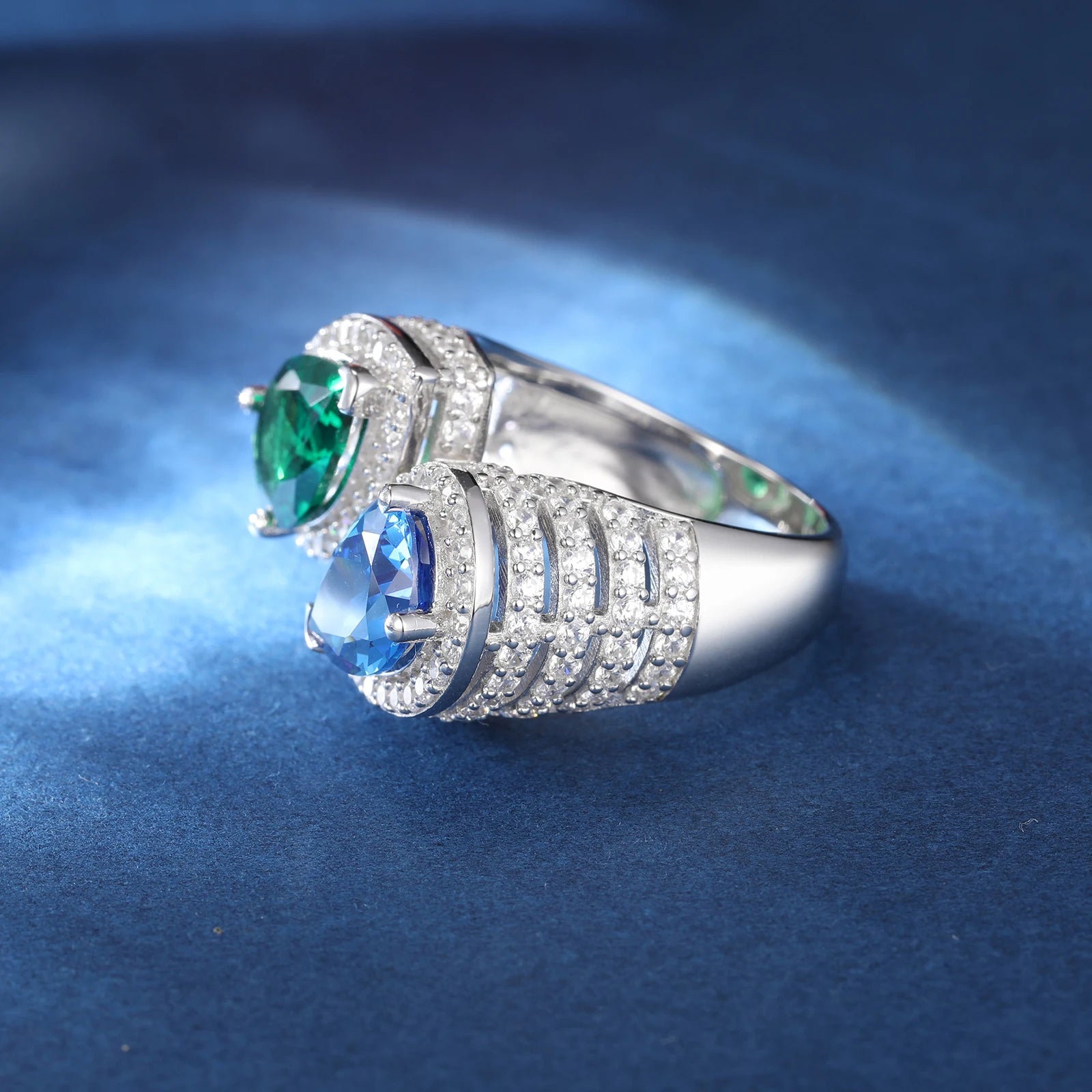 S925 Moissanite Blue & Green Gem Ring - Different Drips