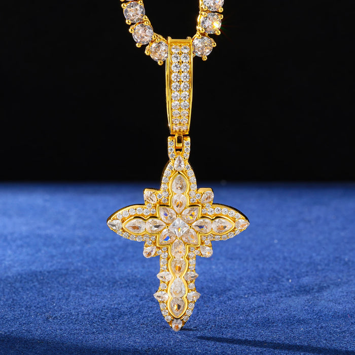 S925 Moissanite Royal Floral Cross Pendant - Different Drips