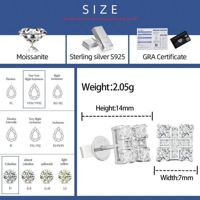 S925 Moissanite Square Quad Cross Stud Earrings - Different Drips