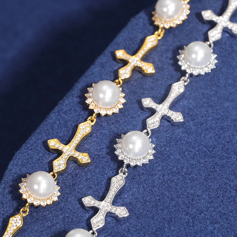 12mm S925 Moissanite Cross Link Pearl Cluster Bracelet - Different Drips