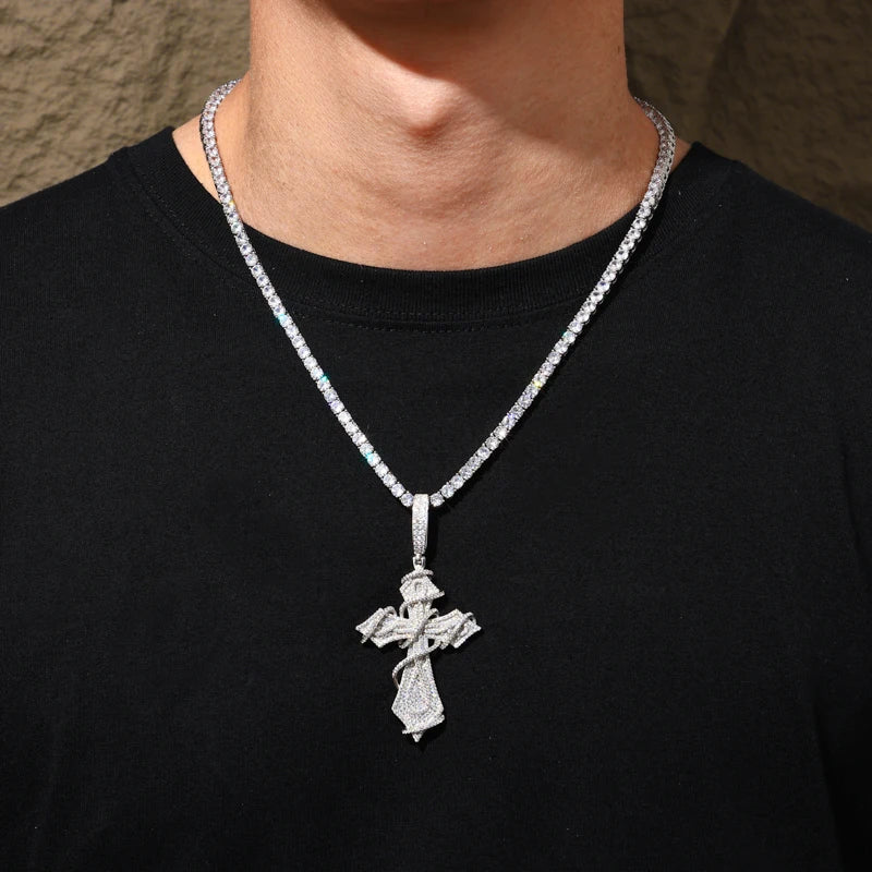 Fully Iced Ornate Moissanite Cross Pendant - Different Drips