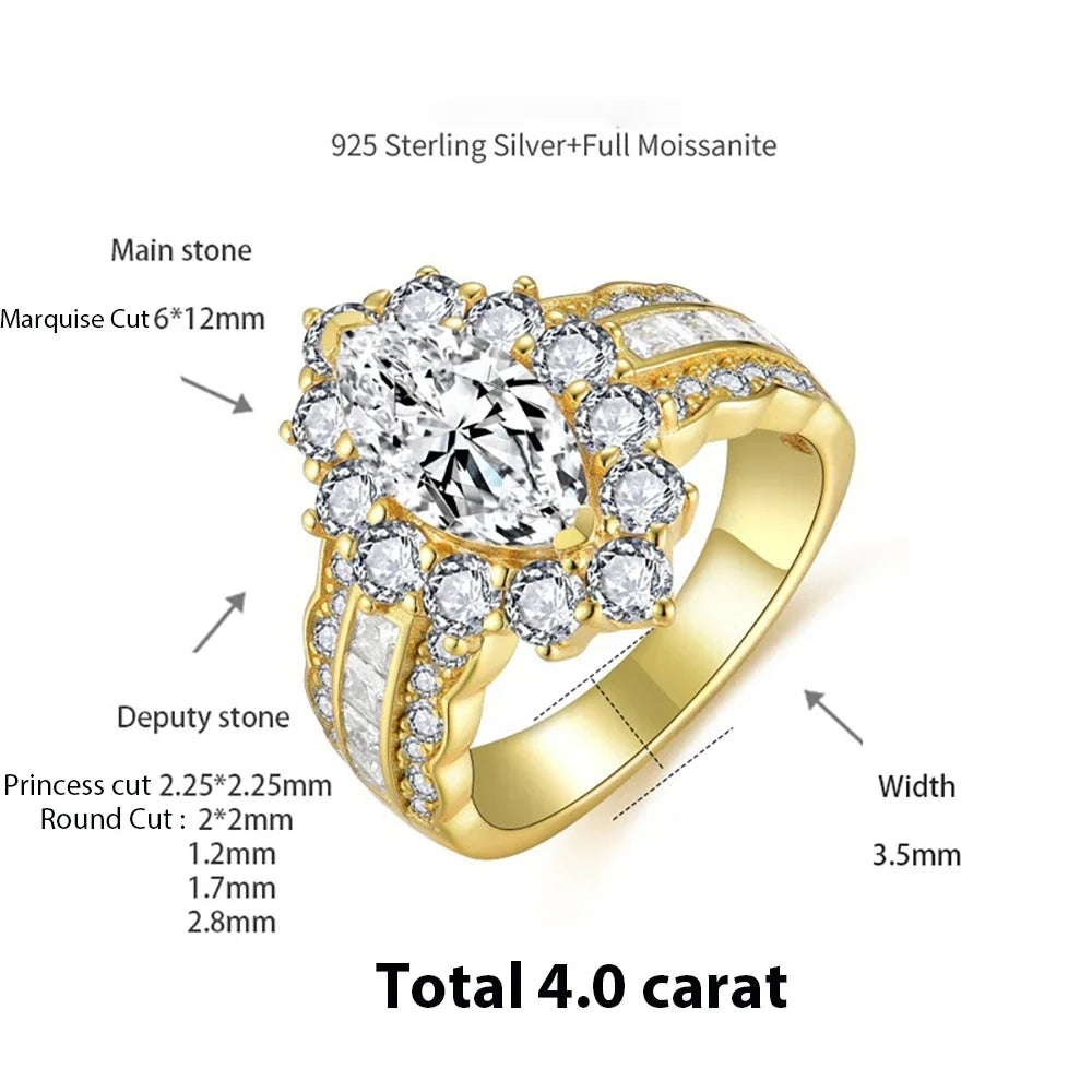 Women's S925 Moissanite Diamond Baguette Marquise Cut Ring - Different Drips