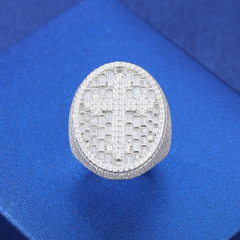 S925 Baguette Moissanite Diamond Cross Signet Ring - Different Drips