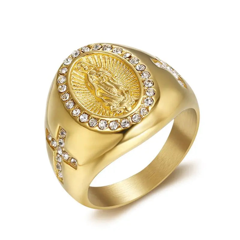 Iced Virgin Mary Cross Signet Ring - Different Drips