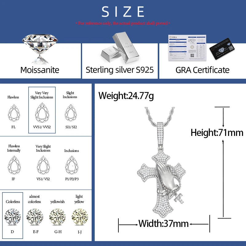 S925 Moissanite Praying Hands Cross Pendant - Different Drips