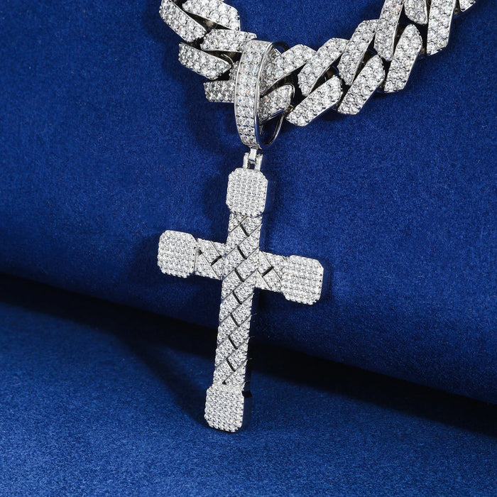 Basket-Weave Iced Moissanite Cross Pendant - Different Drips
