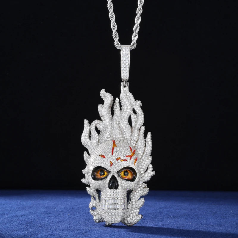 S925 Moissanite Diamond Flame Skull Pendant - Different Drips