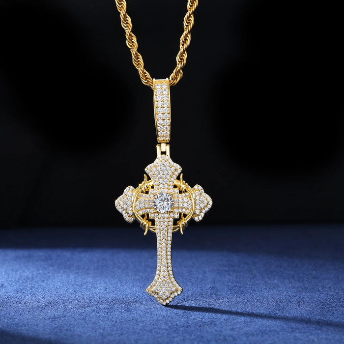 S925 Moissanite Two-Tone Cross Pendant with Crown Halo Detail - Different Drips