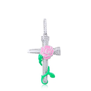 S925 Moissanite Glow In The Dark Pink Rose Cross Pendant - Different Drips