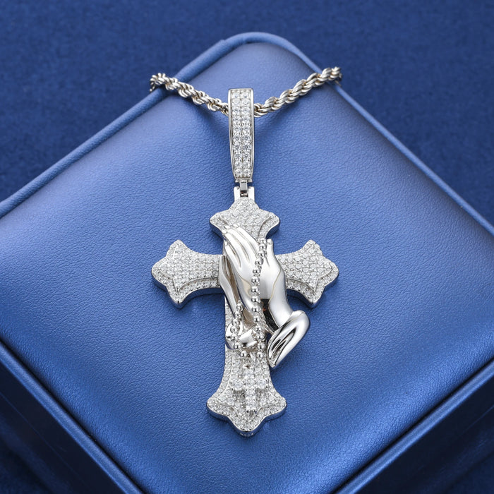 S925 Moissanite Praying Hands Cross Pendant - Different Drips