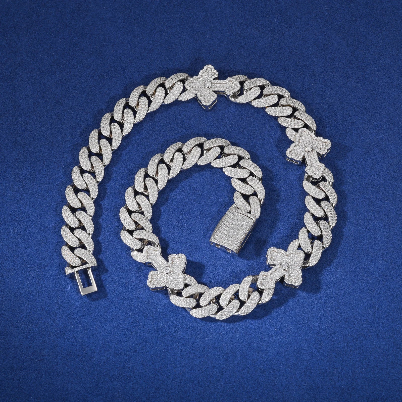 S925 Moissanite Royal Cross Stationed Cuban Link Chain - Different Drips