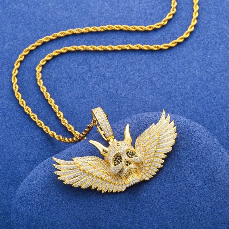 S925 Moissanite Diamond Winged Demon Skull Pendant - Different Drips