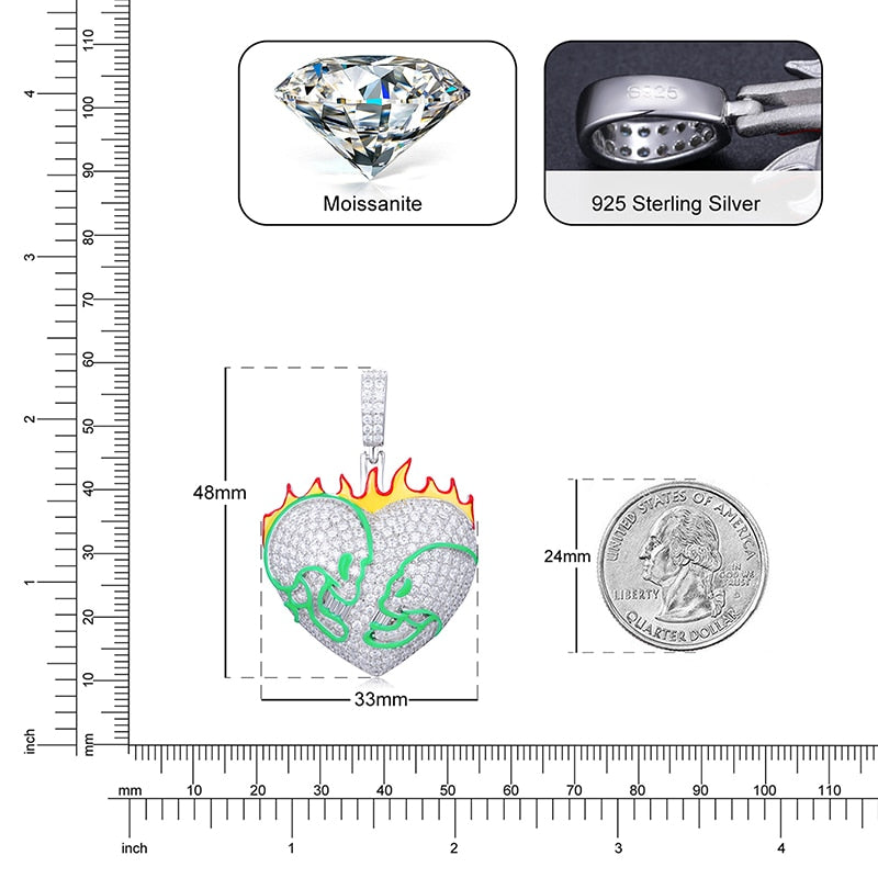 S925 Moissanite Glow In The Dark Flame Skull Heart Pendant - Different Drips