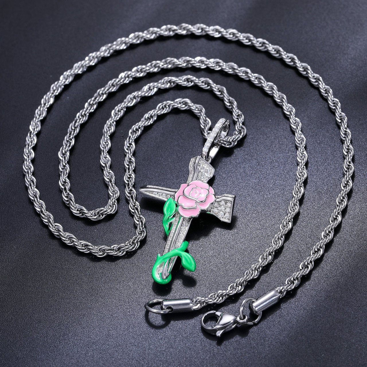 S925 Moissanite Glow In The Dark Pink Rose Cross Pendant - Different Drips