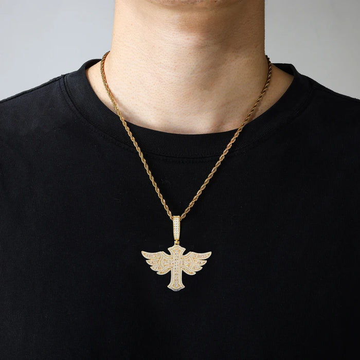 S925 Moissanite Baguette Winged Cross Pendant - Different Drips