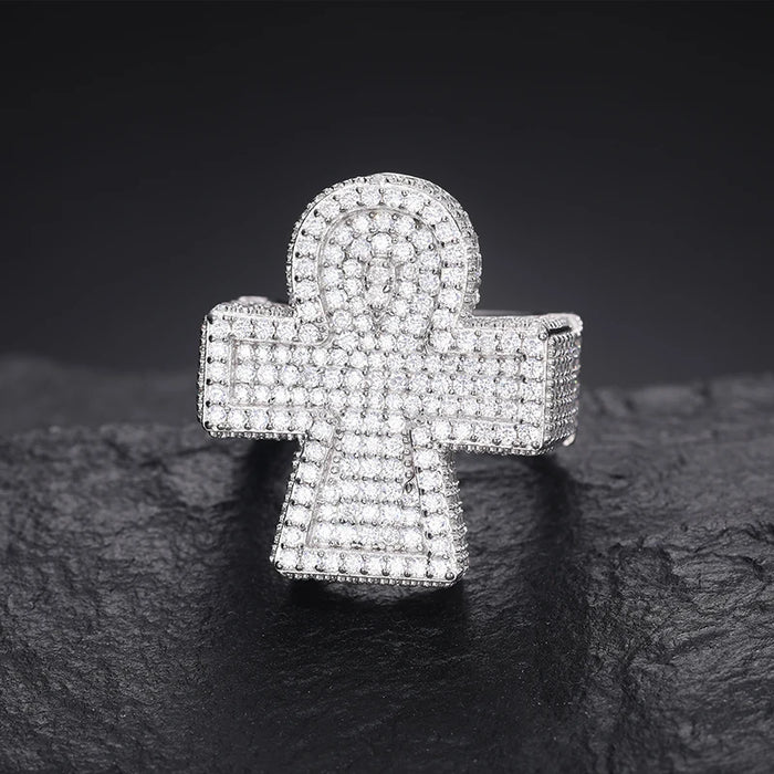 S925 Moissanite Pave Cluster Ankh Cross Ring - Different Drips