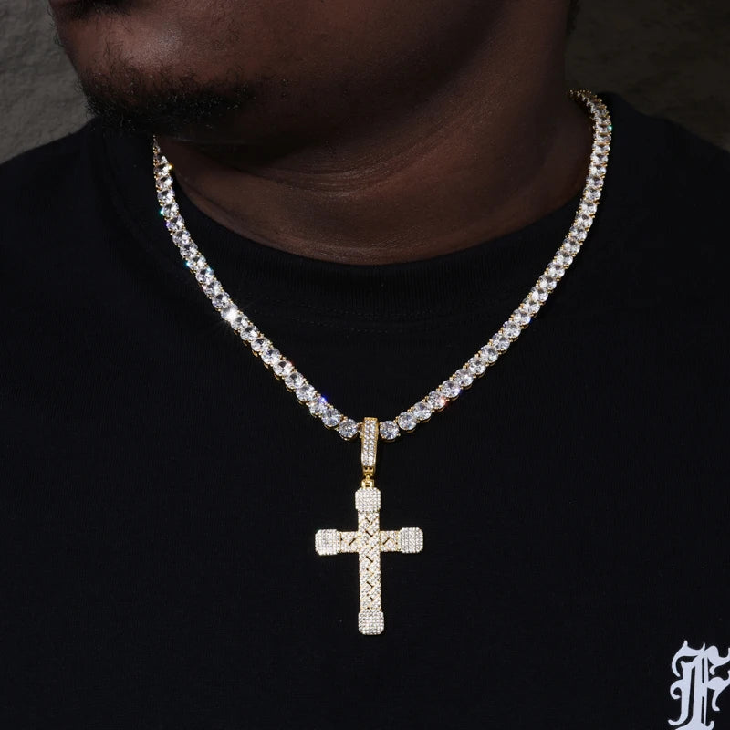 Basket-Weave Iced Moissanite Cross Pendant - Different Drips