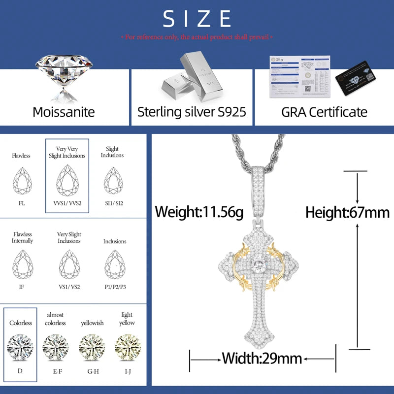 S925 Moissanite Two-Tone Cross Pendant with Crown Halo Detail - Different Drips