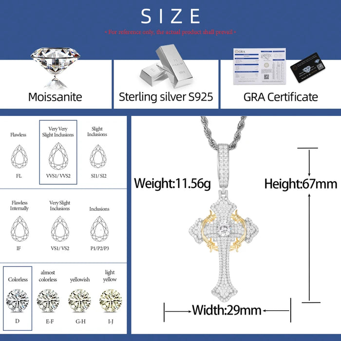 S925 Moissanite Two-Tone Cross Pendant with Crown Halo Detail - Different Drips