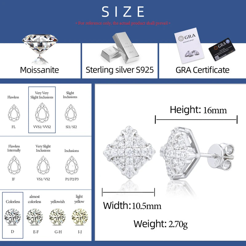 925 Sterling Silver Iced Out Moissanite Cross Stud Earrings - Different Drips