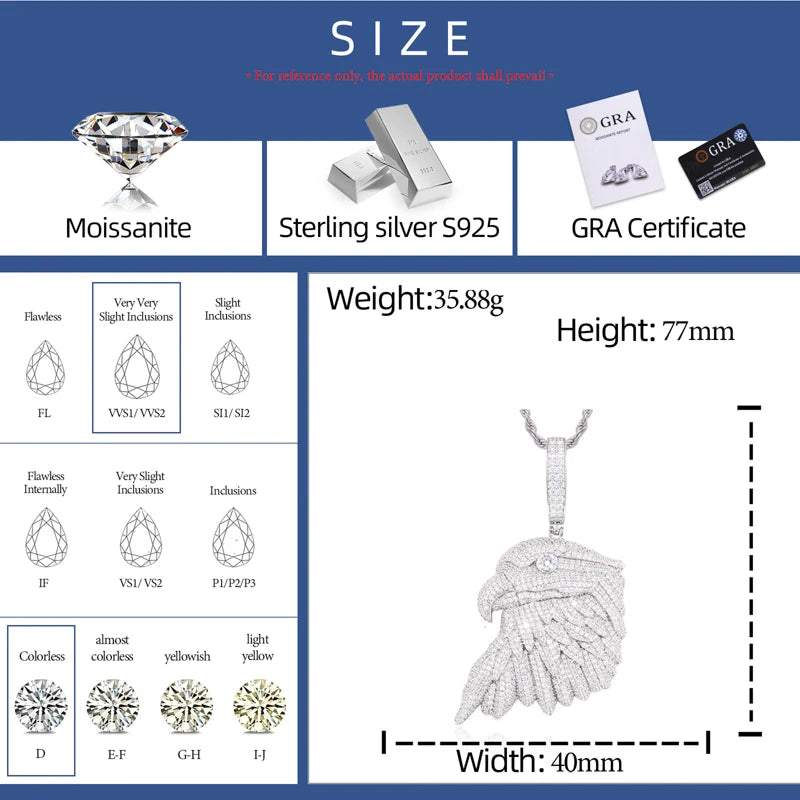 925 Sterling Silver Iced Out Bald Eagle Moissanite Pendant - Different Drips