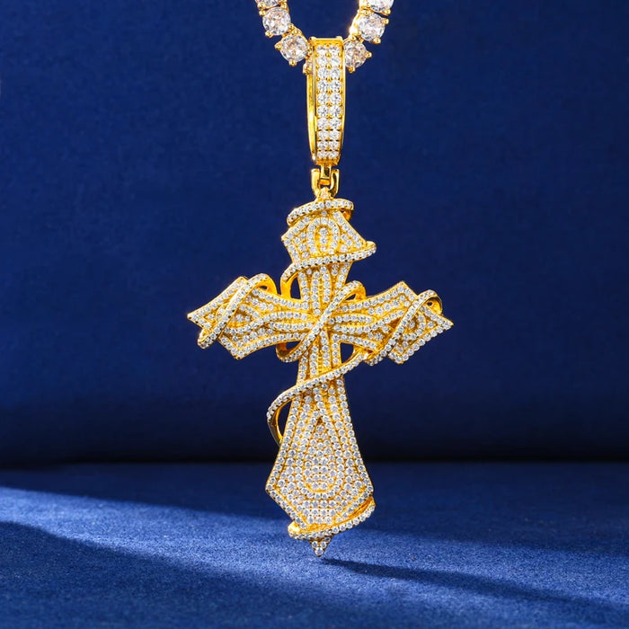 Fully Iced Ornate Moissanite Cross Pendant - Different Drips