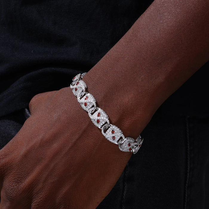 925 Sterling Silver Iced Red Stone Moissanite Mariner Link Bracelet - Different Drips