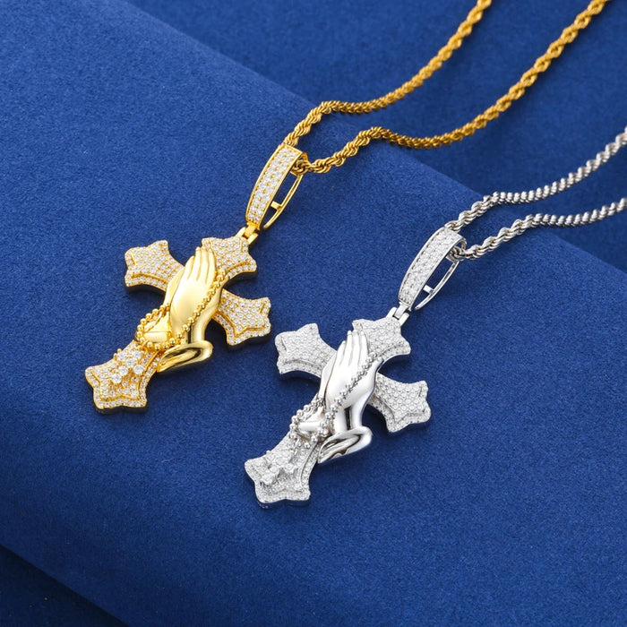 S925 Moissanite Praying Hands Cross Pendant - Different Drips