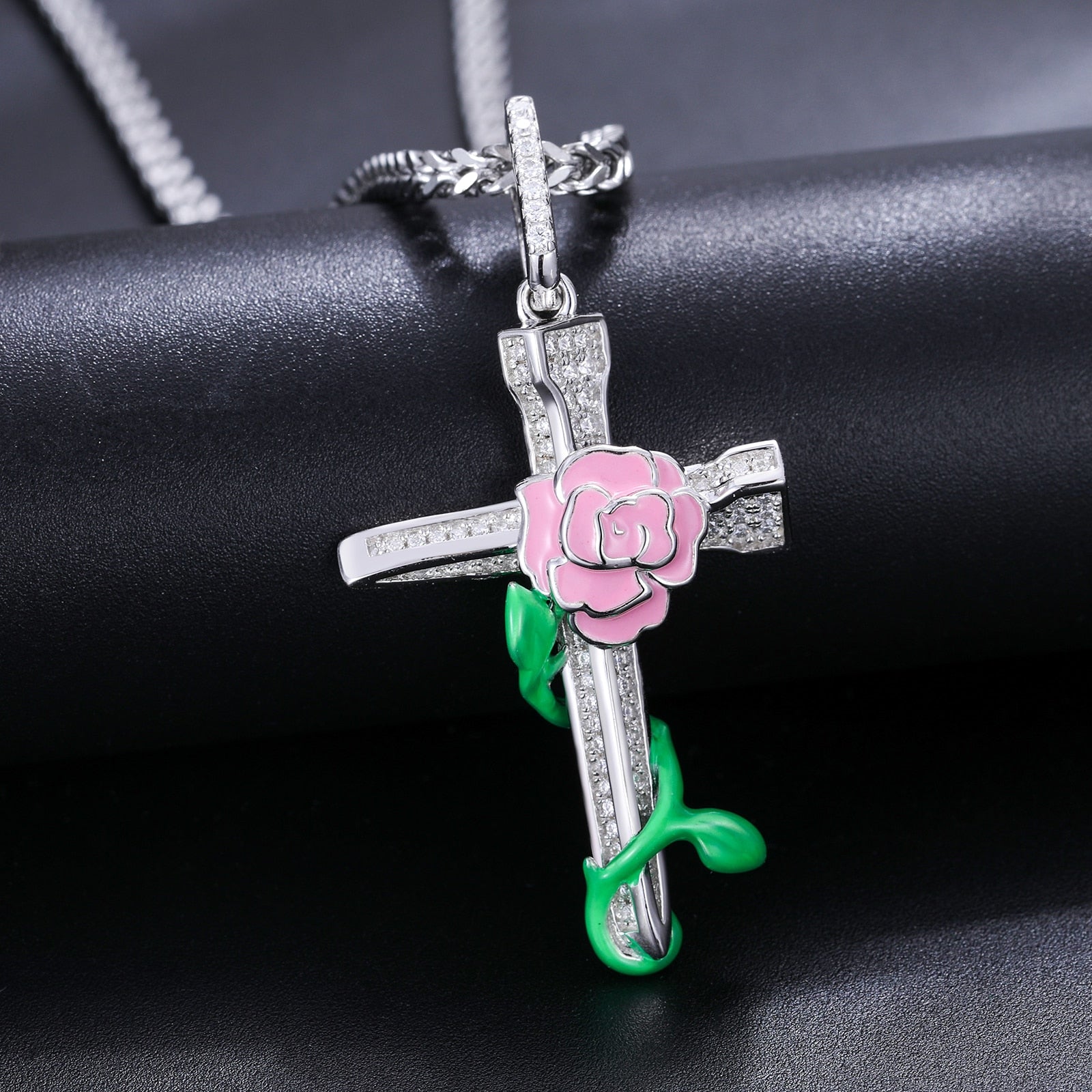 S925 Moissanite Glow In The Dark Pink Rose Cross Pendant - Different Drips