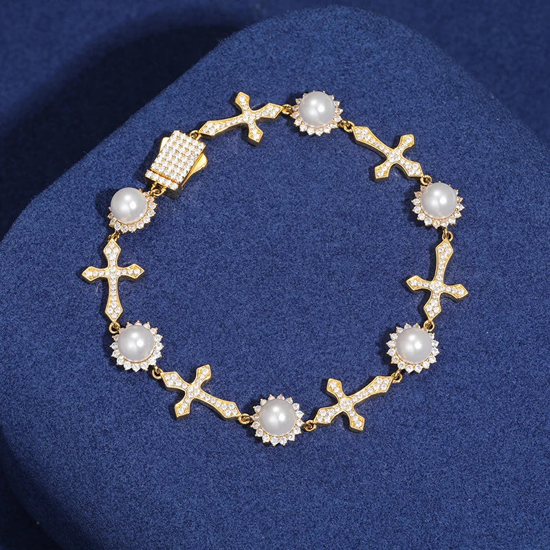 12mm S925 Moissanite Cross Link Pearl Cluster Bracelet - Different Drips