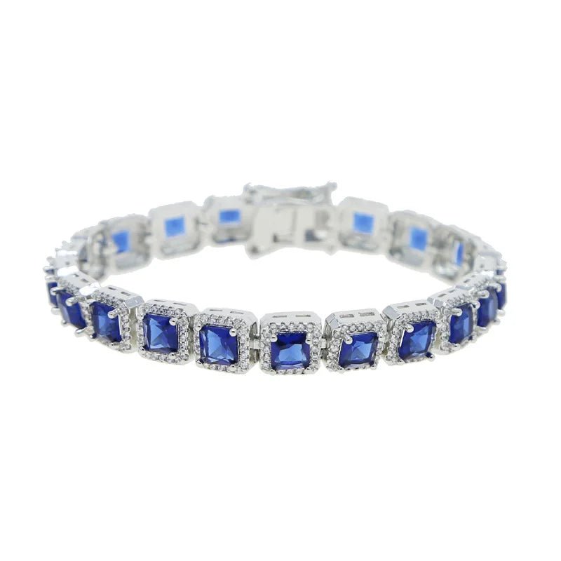Blue Sapphire Square Halo Tennis Bracelet