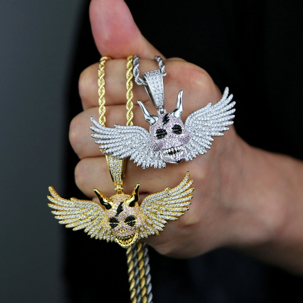 Iced Out Winged Demon Skull Pendant - Different Drips
