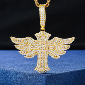 S925 Moissanite Baguette Winged Cross Pendant - Different Drips