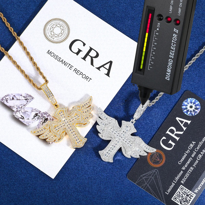 S925 Moissanite Baguette Winged Cross Pendant - Different Drips