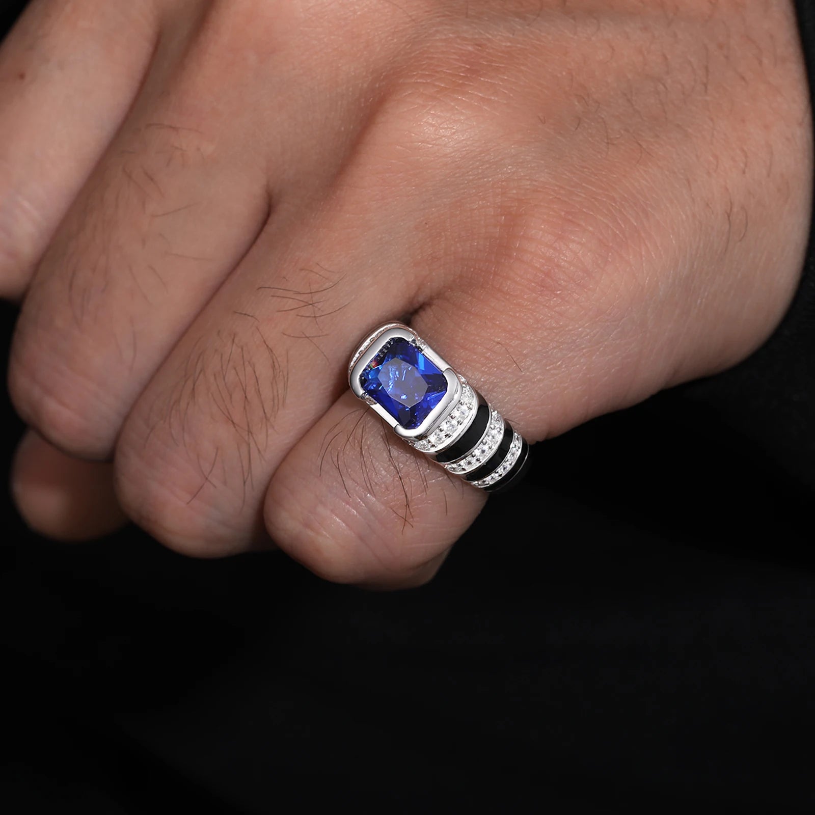 S925 Moissanite Blue Emerald Cut Ring - Different Drips