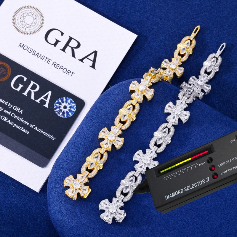 925 Sterling Silver Iced Out Moissanite Holy Light Cross Bracelet - Different Drips