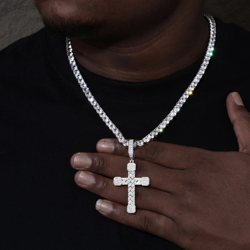Basket-Weave Iced Moissanite Cross Pendant - Different Drips