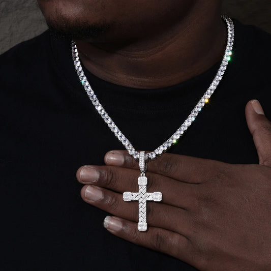 Basket-Weave Iced Moissanite Cross Pendant - Different Drips