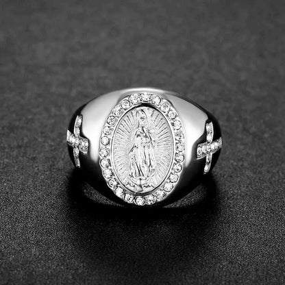 Iced Virgin Mary Cross Signet Ring - Different Drips