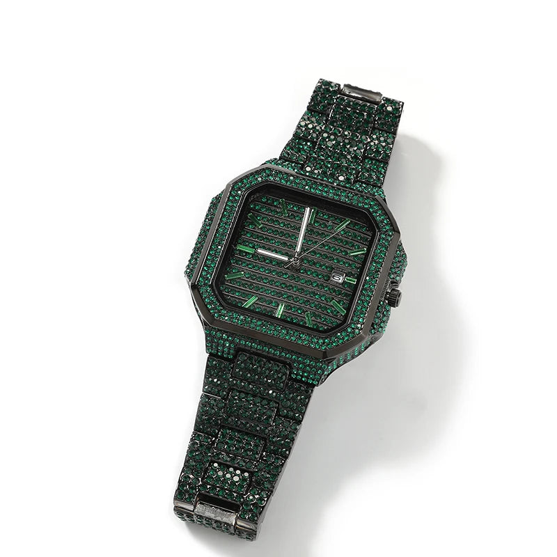 Green Iced Square Face Black Metal Watch