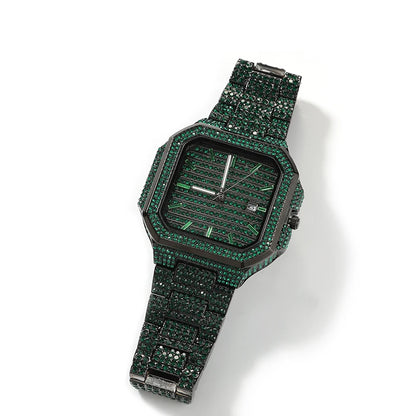 Green Iced Square Face Black Metal Watch