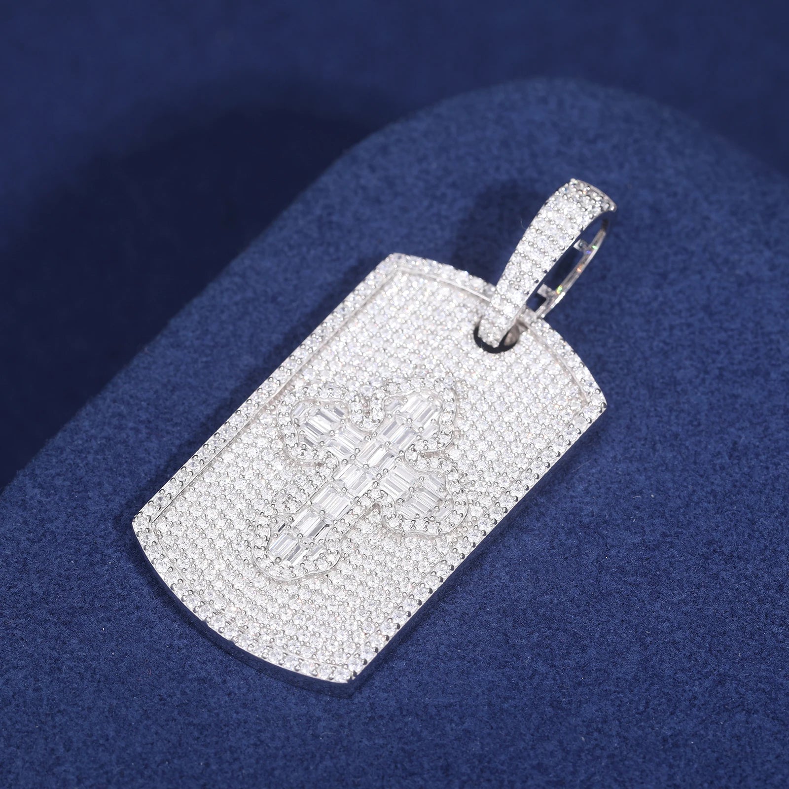 S925 Moissanite Baguette Diamond Cross Dog Tag Pendant - Different Drips
