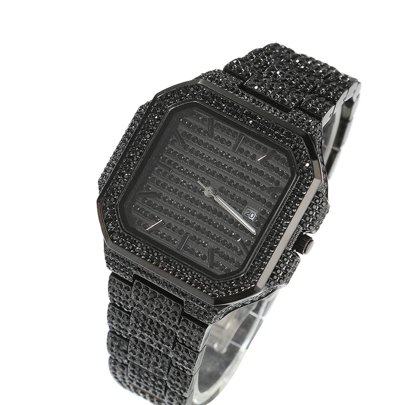 Green Iced Square Face Black Metal Watch