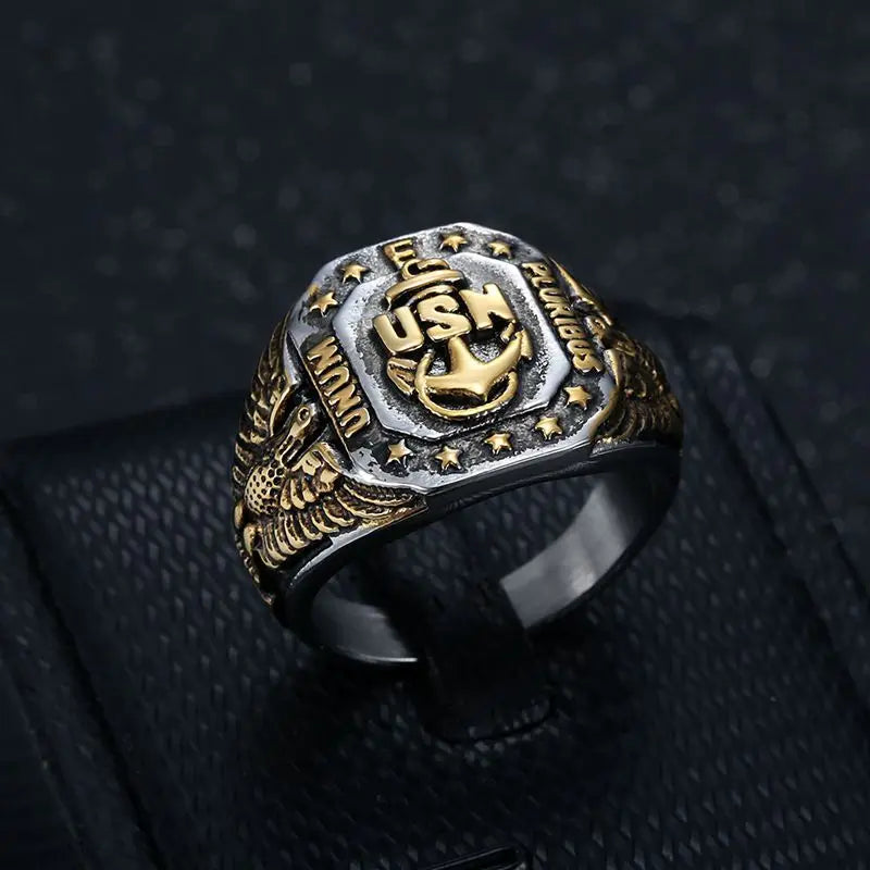 Gold Eagle Anchor Nautical Signet Ring - Different Drips