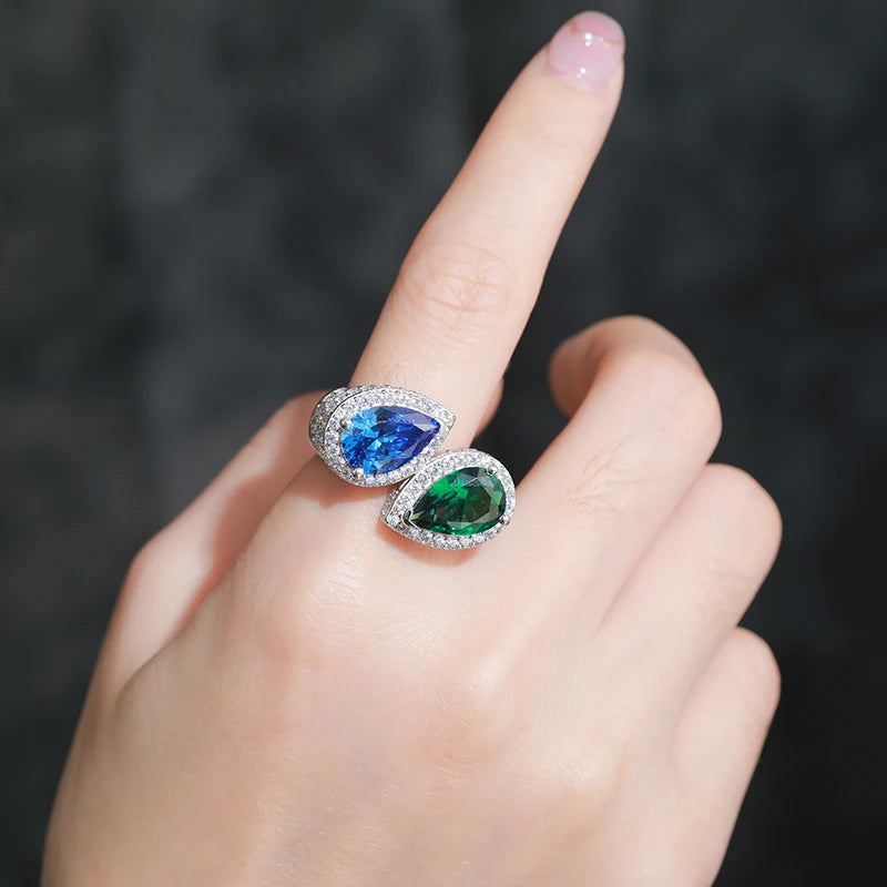 S925 Moissanite Blue & Green Gem Ring - Different Drips