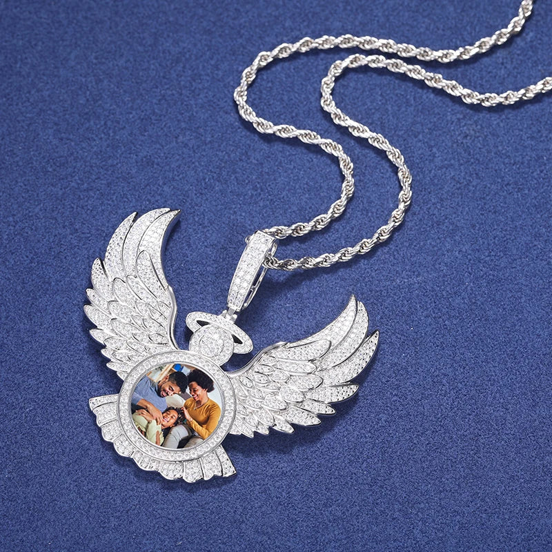 S925 Moissanite Diamond Angel Wings Custom Photo Pendant - Different Drips